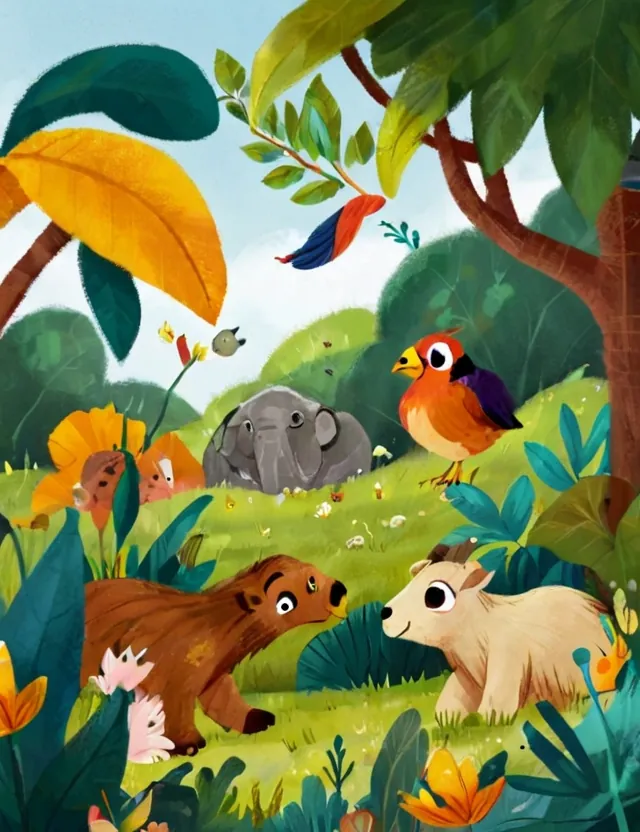 a drawing of animals in a green place