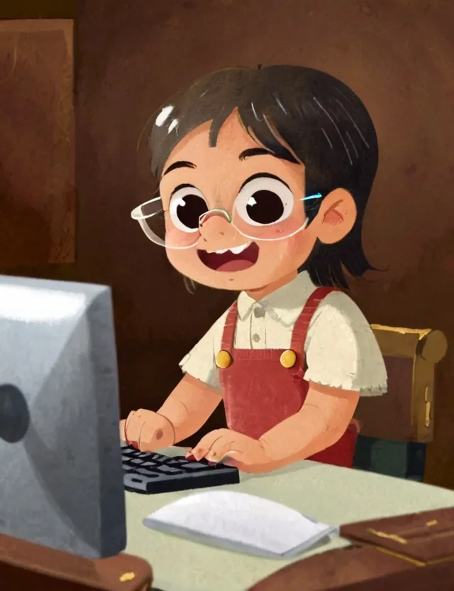 illustration of a young girl typing at a computer