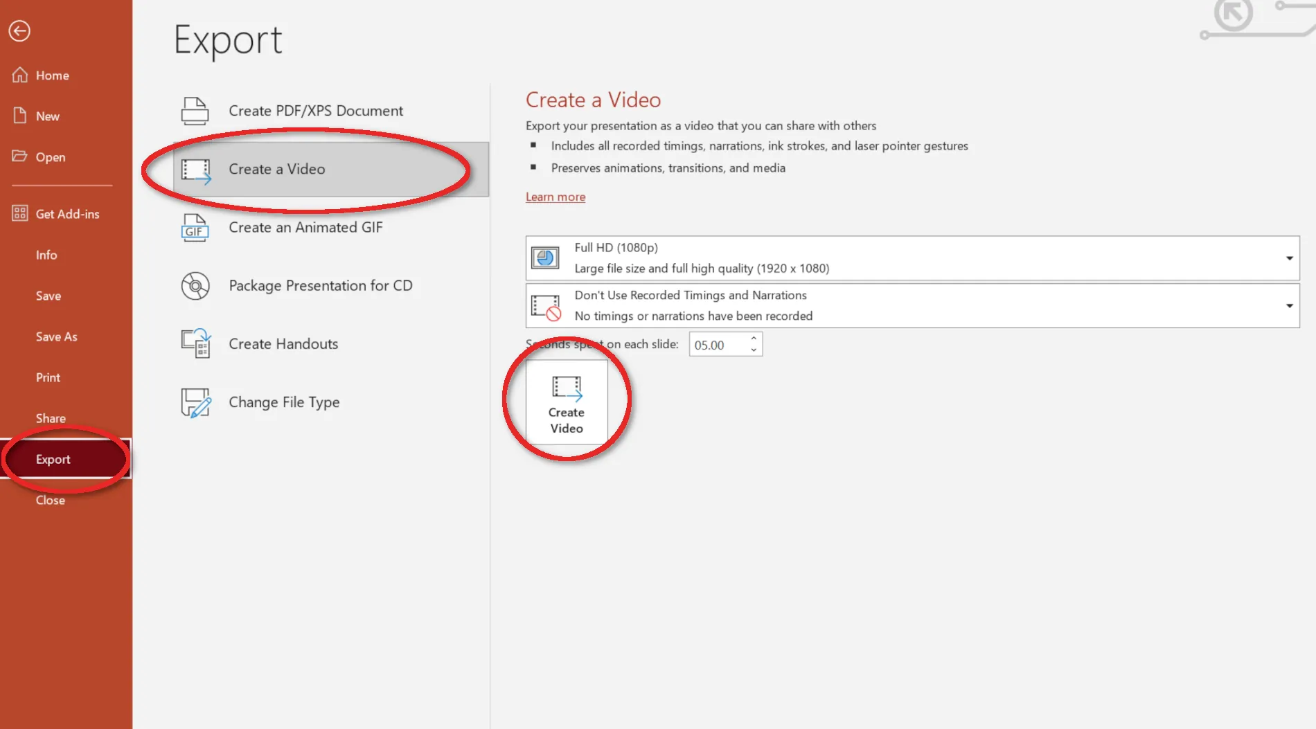 MS Powerpoint export video dialog